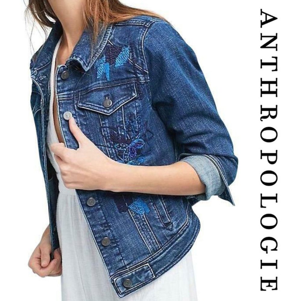 Anthropologie Pilcro & The Letterpress Denim Jacket Jean Embroidered Beaded XS